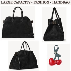 Soft Suede Large Tote Bags for Women Fashion Vintage Top Handle Handbag Fashion Shoulder Hobo Bag with Cherry Pendant (Black)