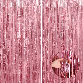 2Pcs 3.2ft x 9.8ft Foil Fringe Curtain, Foil Backdrop Fringe Curtain Glitter Photo Props,Party Decoration for Birthday Graduation Party Prom Ball Photo Booth Props Backdrop (Rose Gold)