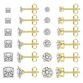 ALEXCRAFT Hypoallergenic Gold Stud Earrings for Women Men Stainless Steel Cubic Zirconia Earring Set for Multiple Piercings 12 Pairs (3,4,5,6,7,8MM)