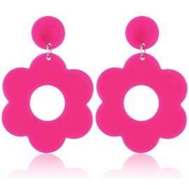 Hot Pink Acrylic Flower Earrings 60s 70s Flower Earrings Retro Flower Earrings Daisy Earrings Cute Hollow Floral Earrings Dangle Flower Earrings for Women Girls