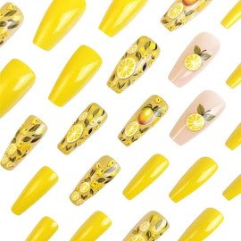 Teilihai Coffin Press-On Nails Yellow Fake Nails Spring Summer False Nails Medium Length Acrylic Gel Square Nails Full Cover Glossy Lemon Flower Design Cute Manicure Decoration (24 Pieces)