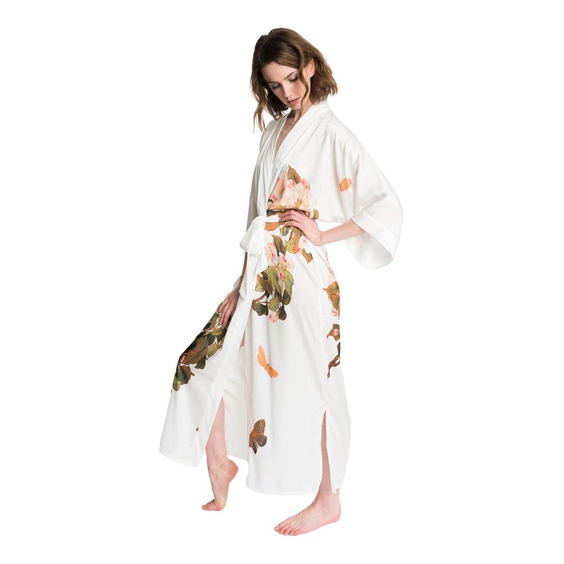 KIM+ONO Women's Charmeuse Kimono Robe Long - Peony & Butterfly