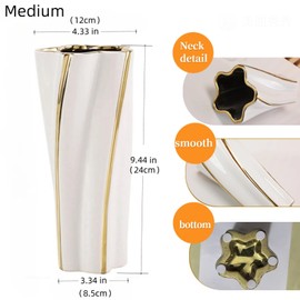 YUSHUIHOME White and Gold Vase, Ceramic Gold Vase Home Decor,Pentagon White Gold Vase Living Room Center Decor Nordic Modern for Living Room, TV Cabinet, Office, Templer, Flower Store (Medium)