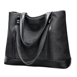 BAIGIO Laptop Tote Bag for Women 15.6 Inch, Lightweight Travel Canvas Tote Bag Purse, Large Teacher Work Shoulder Bags Handbag with Compartments, Zipper & Luggage Sleeve for School Office Daily, Black