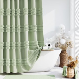 Dynamene Stall Fabric Shower Curtain - 54x78 Inches Long Tufted Chenille Striped Shower Curtain Set with 10 Plastic Hooks, Heavy Duty Cloth Shower Curtains for Bathroom, Water Resistant – Sage Green