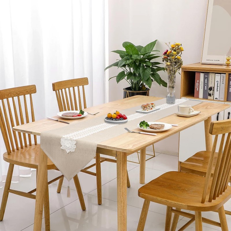 SANLEHAUSE Table Runner Beige 40 x 250 cm Linen ,Embroidered