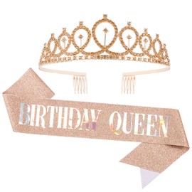 CAVETEE Champagne Gold Birthday Queen Crown and Sash Set - Rhinestone Tiara and Sash - Women's Birthday Decorations