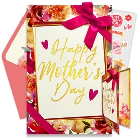 Decorably Decorably Gold Foiled and Textured 5x8in Individual Happy Mothers Day Card Set with Ribbon and Floral Designs, Card Set with Envelope and Stickers, with Printed Message Inside