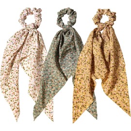 3pcs Women Ribbon Scrunchies Bow Knotted Classic Floral Pattern Hair Ties Vintage Bunny Ear Ponytail Holders Hair Accessories