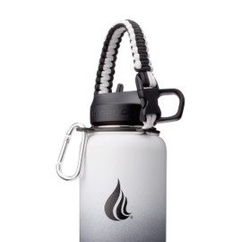 HYDRO CELL Paracord Handle for Wide Mouth Water Bottles - Carrier Strap w/Attachment Ring and Carabiner Accessory. Compatible w/ 64oz, 40oz 32oz, 24oz, 18oz, 14oz Insulated Bottles (Black/White)