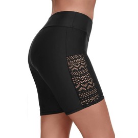 Black 7" Swim Shorts Women - High Waisted Bathing Suit Shorts Tummy Control Boy Short Swimsuits Lace 2025 Swimwear Bottom 18W