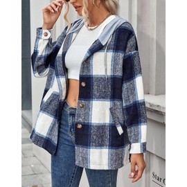 HangNiFang Womens Plaid Flannel Hoodie Shirts Long Sleeve Button Down Jacket Coats(0490-NavyBlue-M)
