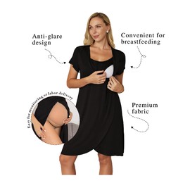 Ekouaer Nursing Nightgown 3 In 1 Maternity Nightgown Short Sleeve Nursing Gown Breasfeeding Sleepwear Delivery Dress Black
