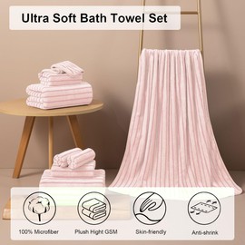 Pink Cabana Stripe Large Bath Towel Set - 8pc, Includes 2 Bath Sheets, 2 Hand Towels, 4 Washcloths, Soft, Absorbent, Quick Dry, Ideal for Spa, Gym or Hotel