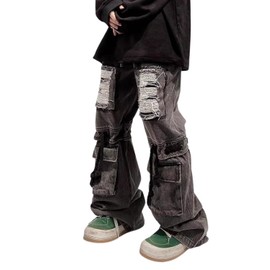Lafaguw Mens Cargo Pants Ripped Baggy Jeans Y2K Elastic Waist Straight Leg Pants 90S Vintage Streetwear Grunge Clothes. (Black1-L)