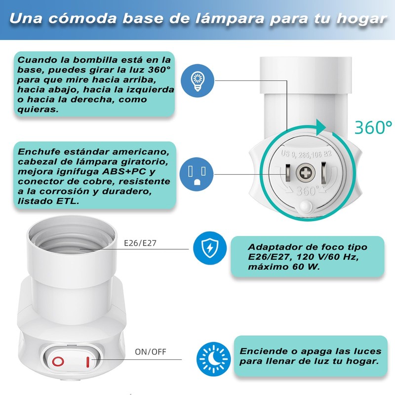MOSU Enchufe de luz enchufable,Adaptador de extensión de Enchufe E26/E27