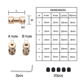 VooGenzek 5 PCS Brass Shaft Coupler, Shaft Coupling Shaft Adapter, with Grub Screws and Allen Wrench, for RC Airplane Boat Motor, 2mm to 2mm/3mm to 4mm/3mm to 5mm/4mm to 5mm/5mm to 5mm L20XD9