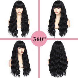 QAUARUMSUN Wigs for Women, Long Black Wig 26Inch Silky wave Black Heat-Resistant Synthetic Wig with Bangs for Women