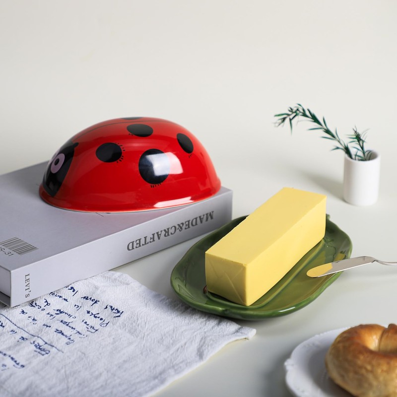 Colias Wing Green Leaf Shaped Ceramic Butter Dish with Ladybug