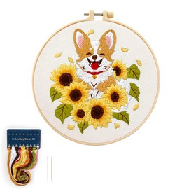 Embroidery Kit, Dogs, Flowers, Cute, Embroidery Thread, Design, Embroidery Frame, Embroidery Cloth x 1, Embroidery Needles, For Advanced Beginners, Fun Set, DIY Crafts (Dog and Sunflower)