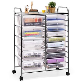 15 Drawer Rolling Storage Cart, Mobile Utility Cart with Lockable Wheels, Drawers, Multipurpose Organizer Cart for Home, Office, School, Clear