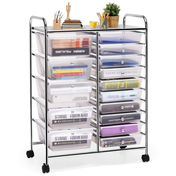 15 Drawer Rolling Storage Cart, Mobile Utility Cart with Lockable