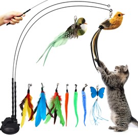 12Pcs Cat Toys,Interactive Cat Toys with 1 Super Suction Cup,2Pcs Cat Wand Stick Toy,9Pcs Detachable Bird Feather Worm Butterfly Pet Teaser with Bell for Cats Kitty,Indoor Cat Kitten Feather Toys Kits