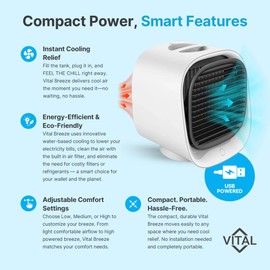 Vital Breeze Portable AC Evaporative Air Cooler Vital Breeze Portable Air Conditioner portable 300 mL Water Tank, < 40 dB Quiet, 3 Fan Speeds, Washable Filter, Color-Cycle Night-Light Bedroom Mini AC