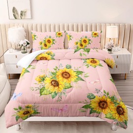 Nttopship Sunflower Pink Comforter Set Full Size for Women Adults,3 Piece Butterfly Floral Bedding Set,Microfiber Quilts with 2 Shams Soft Lightweight Quilt Room Decor,Pink