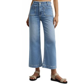 Tankaneo Wide Leg Jeans for Women Trendy High Waisted Flare Stretchy Jeans Cropped Baggy Denim Pants with Front Patch Pockets Blue