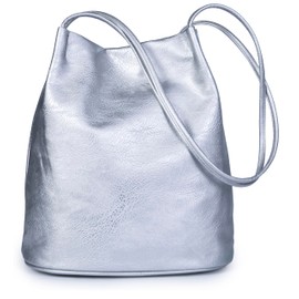 Mabel London Women's Fashion Designer Medium Size Plain Soft Vegan Leather Hobo Bucket Tote Shoulder Bag - Delilah (Metalic Silver)