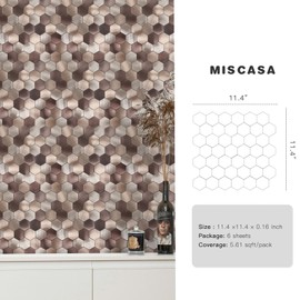 Miscasa Hexagon Peel and Stick Backsplah Tile, Brown Self Adhesive Kitchen Backsplash Tiles Stick On Bathroom Wall Tiles, 6-Sheet
