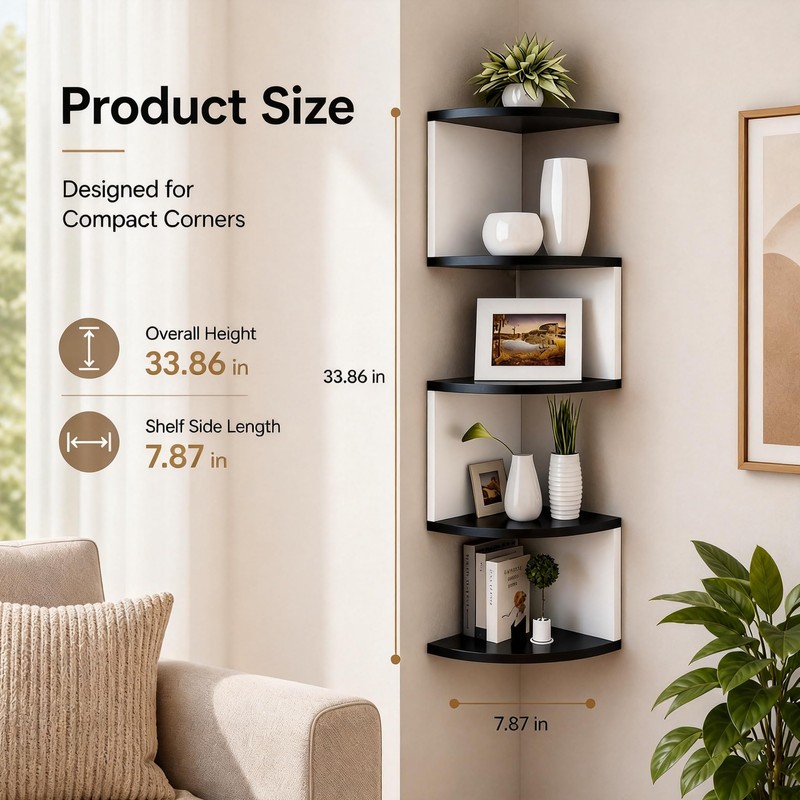No-Drill Corner Shelf Wall Mount, 5-Tier Floating Corner Bookshelf with