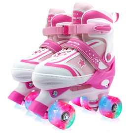 WELLWON Kids Roller Skates for Boys Girls, 4 Size Adjustable Kids Rollerskates with Light Up Wheels, Roller Skates for Boys Girls Size S Pink