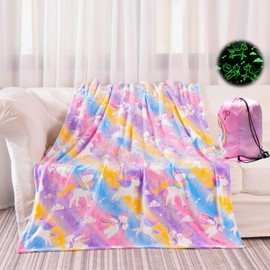 Glow in The Dark Unicorn Throw Blanket for Girls, Luminous Rainbow Blanket for Toddler Kids, Soft Flannel Nap Blankets Gift for Age 3 4 5 6 7 8 9 10 11 12 Year Old, 50" x 60", Yellow