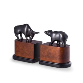 Bey-Berk Bull & Bear Bookends, Black – Bronzed Cast Metal with Burl Wood Base, Heavy-Duty Office, Desk & Bookshelf Stand
