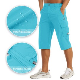 EKLENTSON Cargo Long Shorts for Men with Pockets 3/4 Pants Lightweight Summer Casual Knee Length Shorts Ice Blue 36