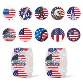GTOTd American Flag Dot Stickers Roll(1000 pcs) Patriotic American Sticker USA Flag Decal Gifts Merch in 2 Rolls with 10 Patterns for Laptop Window Luggage Guitar Skateboard