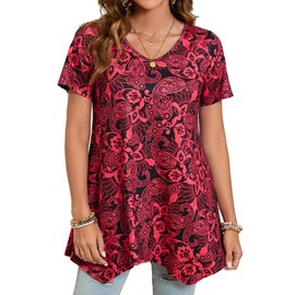 Enmain Womens Tunic Tops Short Sleeve Summer Tunics Top for Women UK V Neck Long Loose Ladies Tunic Blouse Hanky Hem Red,3XL