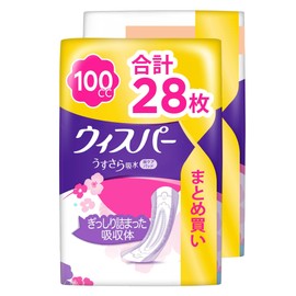 WHISPER Whisper Thin Water Absorption, 3.4 fl oz (100 cc), 28 Sheets (14 Sheets x 2 Packs) (Urine Leak Pads, Urine Remover Pads for Women) [Medium Weight]