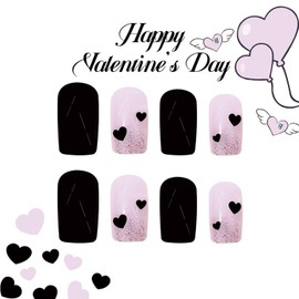 Glitter Heart Press on Nails Medium - French Tip Fake Nails with Heart Design Square Glue on Nails Sparkly Stick on Nails Full Cover Acrylic Nails Glossy Cute Artificial Nails Valentine Manicure Decor