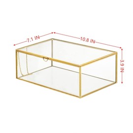 WHSLILR 10.8” Glass Jewelry Box Gold Card Box with Hinged Lid, Gold Keepsake Box for Storage Wedding Card, Trinkets, Photo and More, Cute Glass Box for Women and Girl,Vintage
