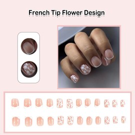 ANDGING Extra Short French Tip Press on Nails Square White Glue on Nails with Flower Designs Manicure Fake Nails for Women Wedding Acrylic Classy Full Cover False Stick on Nails 24 Pcs