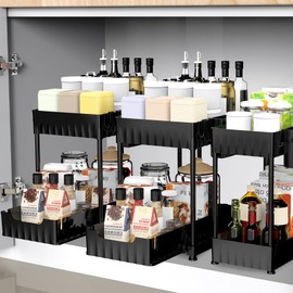 Latoxcaa 3 Pack Under Sink Organizers and Storage, Large Capacity Heavy Load Pull Out Cabinet Organizer with Hooks Hanging Cups, Multi-functional Storage Shelf for Kitchen Bathroom, Black