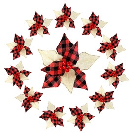 12 Pieces Christmas Buffalo Plaid Poinsettias Christmas Tree Ornament Artificial Xmas Flowers for Christmas Tree Wreath Garland Holiday, 6.7 Inch Flower Diameter (Red-Black Plaid)