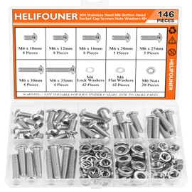 HELIFOUNER 146 Pieces M6 x 10mm /12mm /16mm /20mm /25mm /30mm /35mm, Button Head Socket Cap Screws Bolts Washers Nuts Kit, 304 Stainless Steel