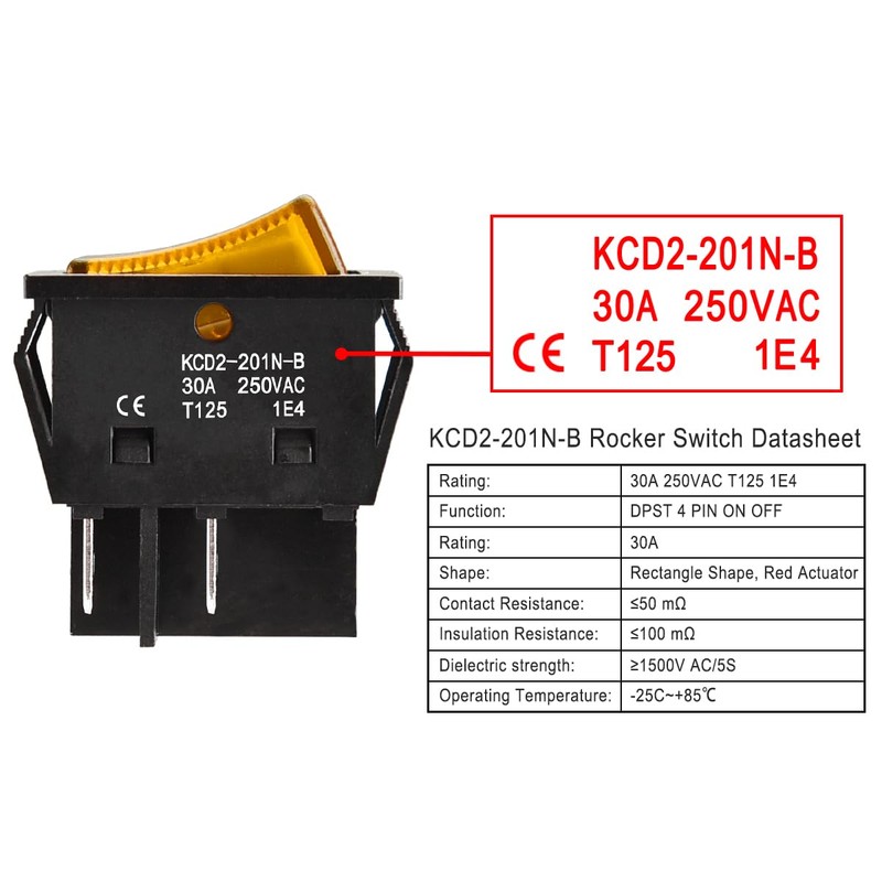 Heschen High Current Rocker Switch, 30A 250VAC, ON-OFF 2 Positions,
