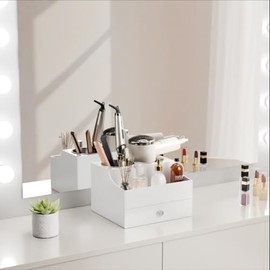 Messmenos Hair Tool Organizer, Acrylic Hair Blow Dryer Holder Stand with Drawer for Straightener and Curling Storage, Bathroom Vanity Countertop Organization for Makeup Accessories - White