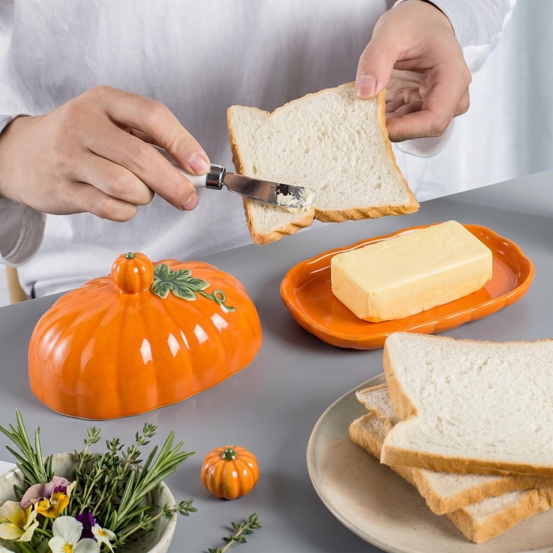 Pumpkin Butter Dish with Lid,Multi-Purpose Pumpkin Shaped Butter Dish &