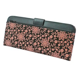 Indenya 2107-51-169 Long Wallet, Bundle, Large, Thin, Deer Leather, Black Background x Pink Lacquer, Clematis Pattern, black pink